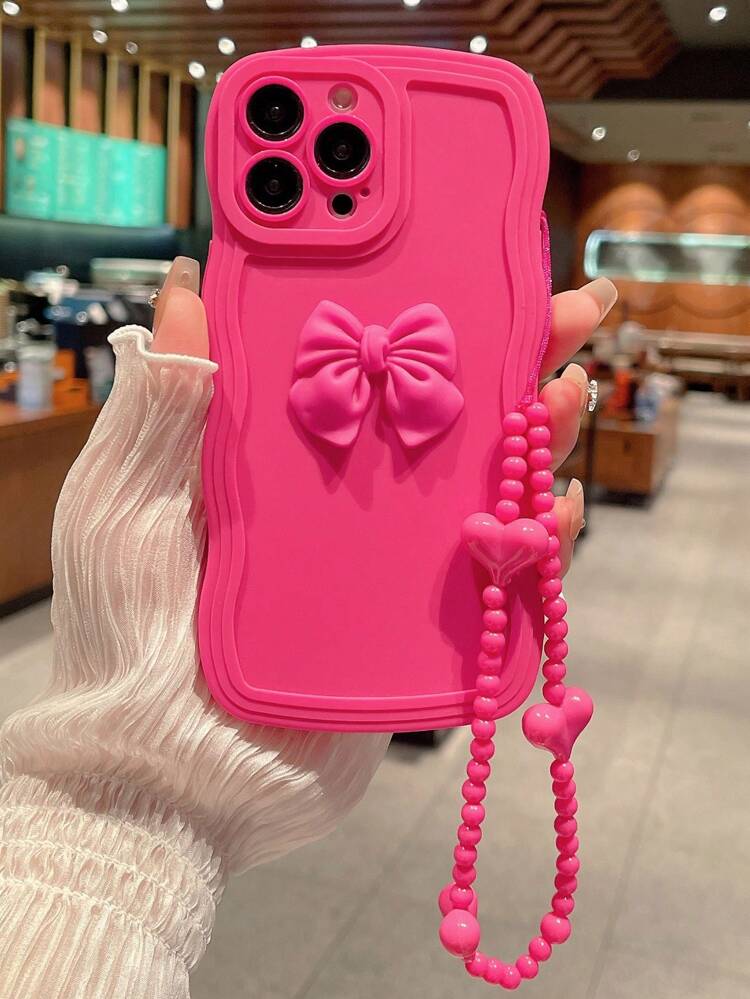 Pink Bow-Knot Pink Fashion Apple Novelty Wavy Phone Case Pink Neon Bow-Knot Decor Phone Case With Lanyard Compatible With IPhone15/15Plus/15Pro/15Promax Waterproof Shockproof Anti-Fall Scratch Resistant Spring Gift