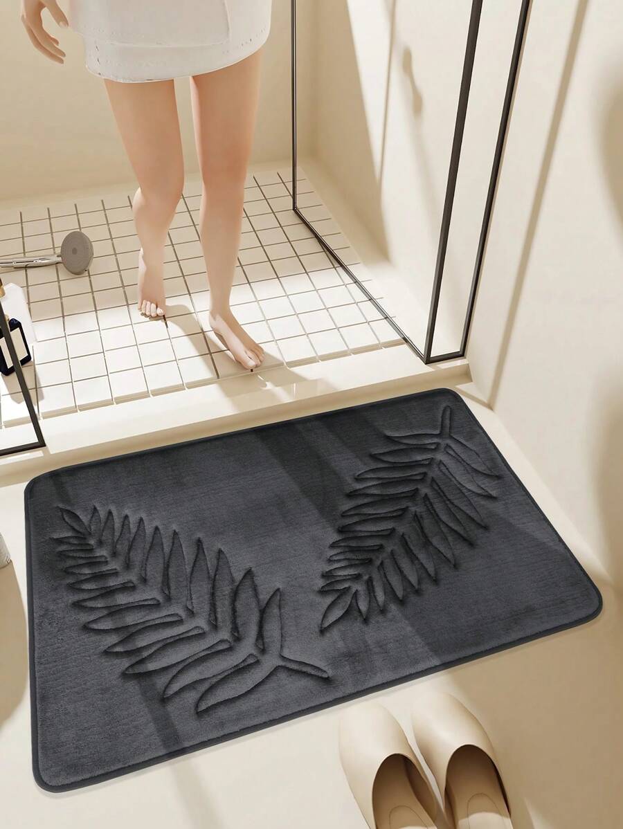 1pc Leaf Design Black Bath Rug, Modern Polyester Non-slip Bath Mat For Bathroom - Dark Grey - View 1