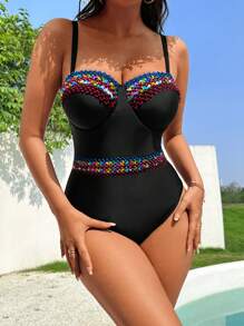 Summer Contrast Tape Underwire One Piece Swimsuit