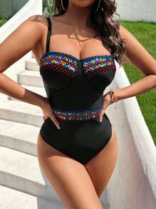 Summer Contrast Tape Underwire One Piece Swimsuit