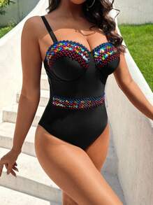 Summer Contrast Tape Underwire One Piece Swimsuit