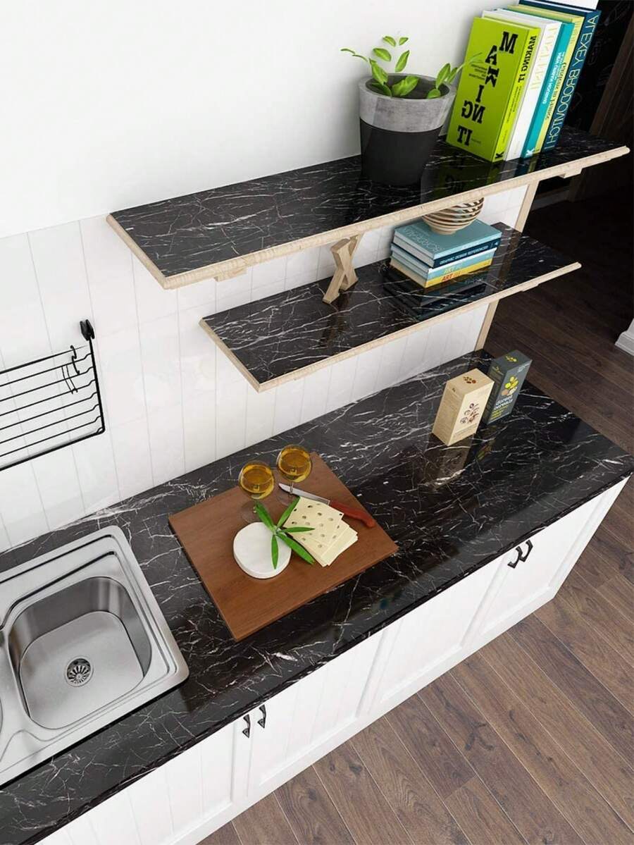 1 Roll Black Marble Waterproof OilProof Self Adhesive Vinyl Wallpaper