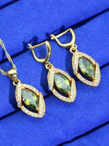 4pcs/Set Olive Green & Gold-Color Jewelry Set For Women, Wedding Gift - Green - View 2