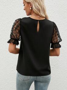 SHEIN Clasi Contrast Mesh Puff Sleeve Blouse - Black - View 2