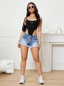 SHEIN EZwear Quần short denim nữ Túi Hem thô Bị tách màu trơn - Rửa nhẹ - Xem 3