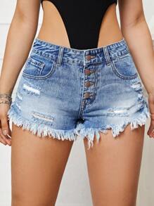 SHEIN EZwear Quần short denim nữ Túi Hem thô Bị tách màu trơn - Rửa nhẹ - Xem 5