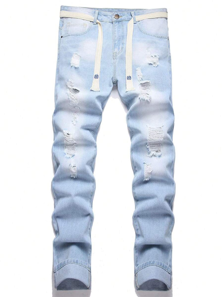 Nam Quần jean Bông Rách Frayed Denim mùa giặt - Rửa nhẹ - Xem 1