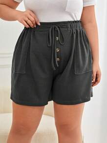 SHEIN Frenchy Plus Drawstring Waist Pocket Patched Button Front Shorts - Dark Grey - View 5