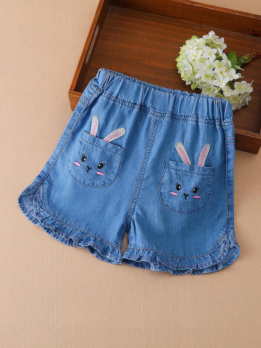 Toddler Girls Quần Shorts Denim Túi Viên lá sen Thêu Hoạt hình - Rửa trung bình - Xem 1