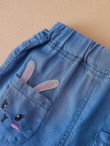 Toddler Girls Quần Shorts Denim Túi Viên lá sen Thêu Hoạt hình - Rửa trung bình - Xem 3