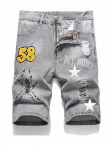 男士星星与字母图案破洞牛仔短裤 - 灰色 - 查看 1