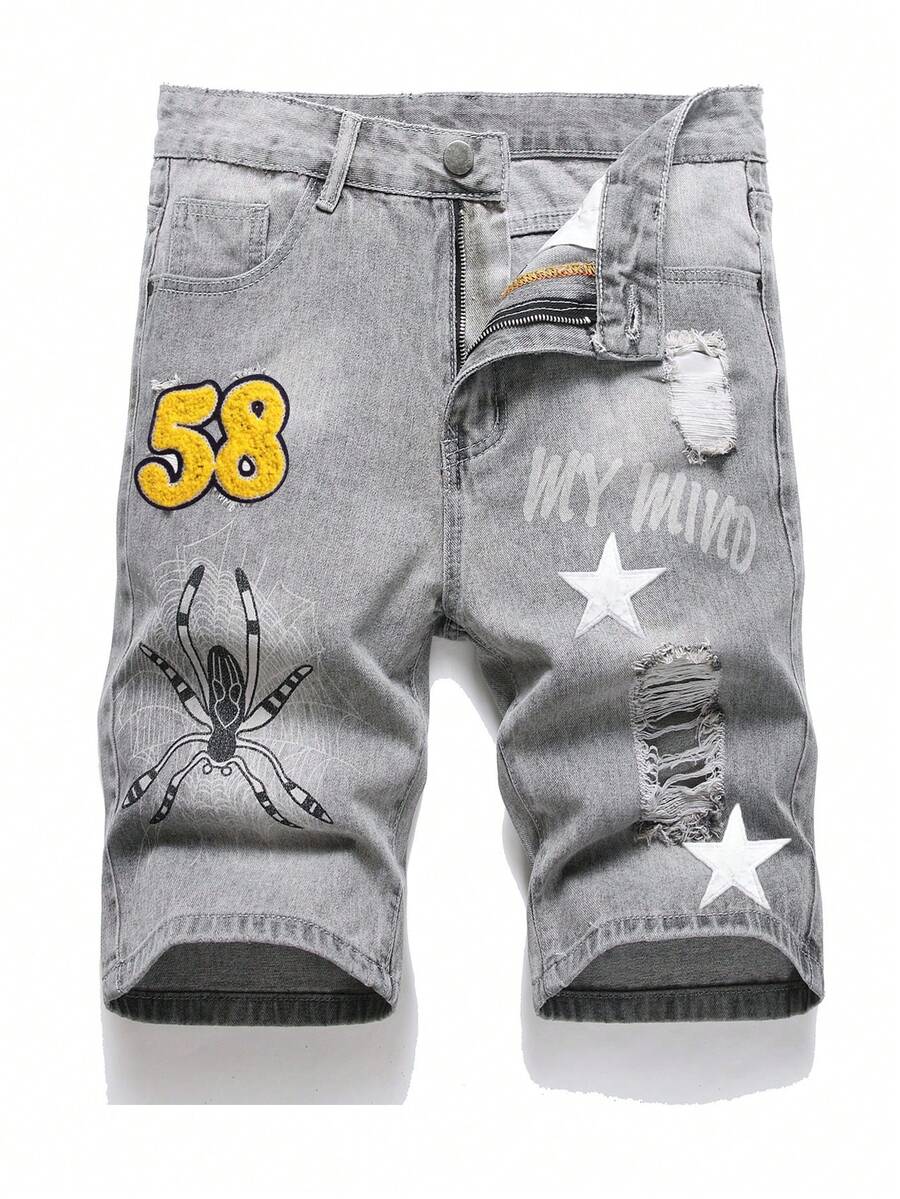 男士星星与字母图案破洞牛仔短裤 - 灰色 - 查看 1