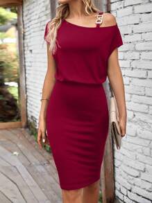 Chiquease 素色不對稱領緊身洋裝 - 酒紅色 - 查看 1
