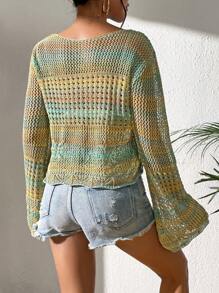 SHEIN VCAY Space Dye Open Knit Flounce Sleeve Jumper - Green - View 2