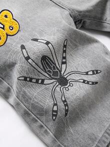 男士星星与字母图案破洞牛仔短裤 - 灰色 - 查看 3