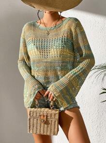 SHEIN VCAY Space Dye Open Knit Flounce Sleeve Jumper - Green - View 6