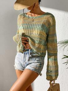 SHEIN VCAY Space Dye Open Knit Flounce Sleeve Jumper - Green - View 7