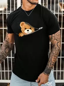 SWAVVY Men Cotton Bear Graphic Print Urban Short Sleeve Tee, Casual, Boyfriend Gift - Black - View 3