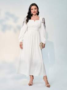 Modelyn Floral Print Notched Neckline Lantern Sleeve Dress - White - View 3