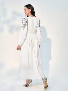 Modelyn Floral Print Notched Neckline Lantern Sleeve Dress - White - View 2