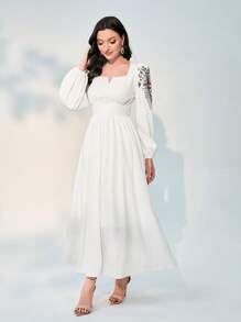 Modelyn Floral Print Notched Neckline Lantern Sleeve Dress - White - View 1