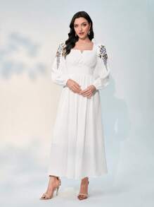 Modelyn Floral Print Notched Neckline Lantern Sleeve Dress - White - View 5