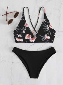 SHEIN Swim Summer Beach Floral Print Bikini Set - Black - View 6