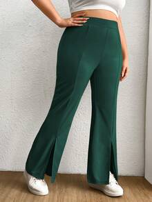 SHEIN EZwear Plus Split Hem Flare Leg Trousers - Dark Green - View 4