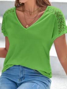 SHEIN Frenchy 蕾絲拼接插肩袖T恤 - 青檸色 - 查看 4