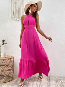 SHEIN VCAY 素色後背繫帶荷葉邊掛脖連衣裙 - 玫紅色 - 查看 4