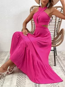 SHEIN VCAY 素色後背繫帶荷葉邊掛脖連衣裙 - 玫紅色 - 查看 5