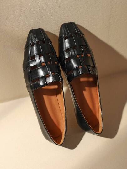 度假平底樂福鞋適用於女士編織細節一腳蹬平底鞋