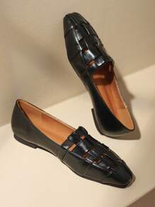 度假平底樂福鞋適用於女士編織細節一腳蹬平底鞋 - 黑色 - 查看 3