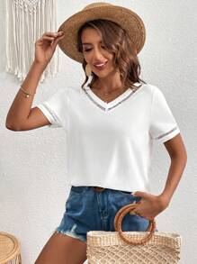SHEIN Clasi Guipure Lace Insert Tee - White - View 5
