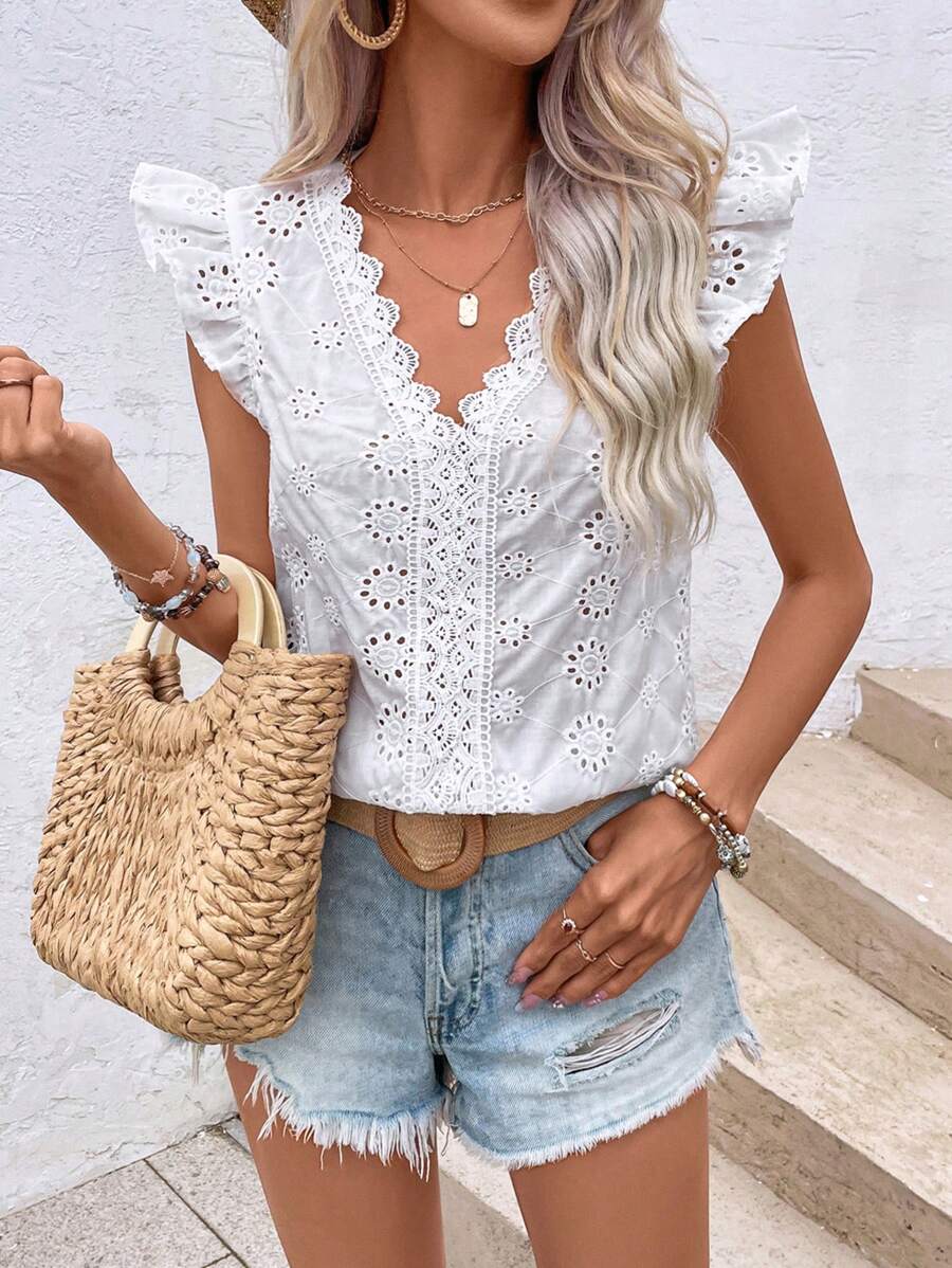 SHEIN VCAY 拼接水溶蕾絲荷葉邊網眼刺繡襯衫 - 白色 - 查看 1