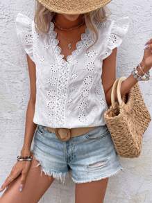SHEIN VCAY 拼接水溶蕾絲荷葉邊網眼刺繡襯衫 - 白色 - 查看 4