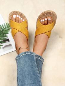 Vacation Slide Sandals For Women, Cross Strap Flat Sandals - Yellow - View 4