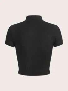 SHEIN ICON 字母補丁細節拉鏈開襟短款T恤 - 黑色 - 查看 2