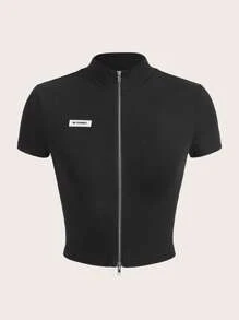 SHEIN ICON 字母補丁細節拉鏈開襟短款T恤 - 黑色 - 查看 1