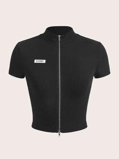 SHEIN ICON 字母補丁細節拉鏈開襟短款T恤