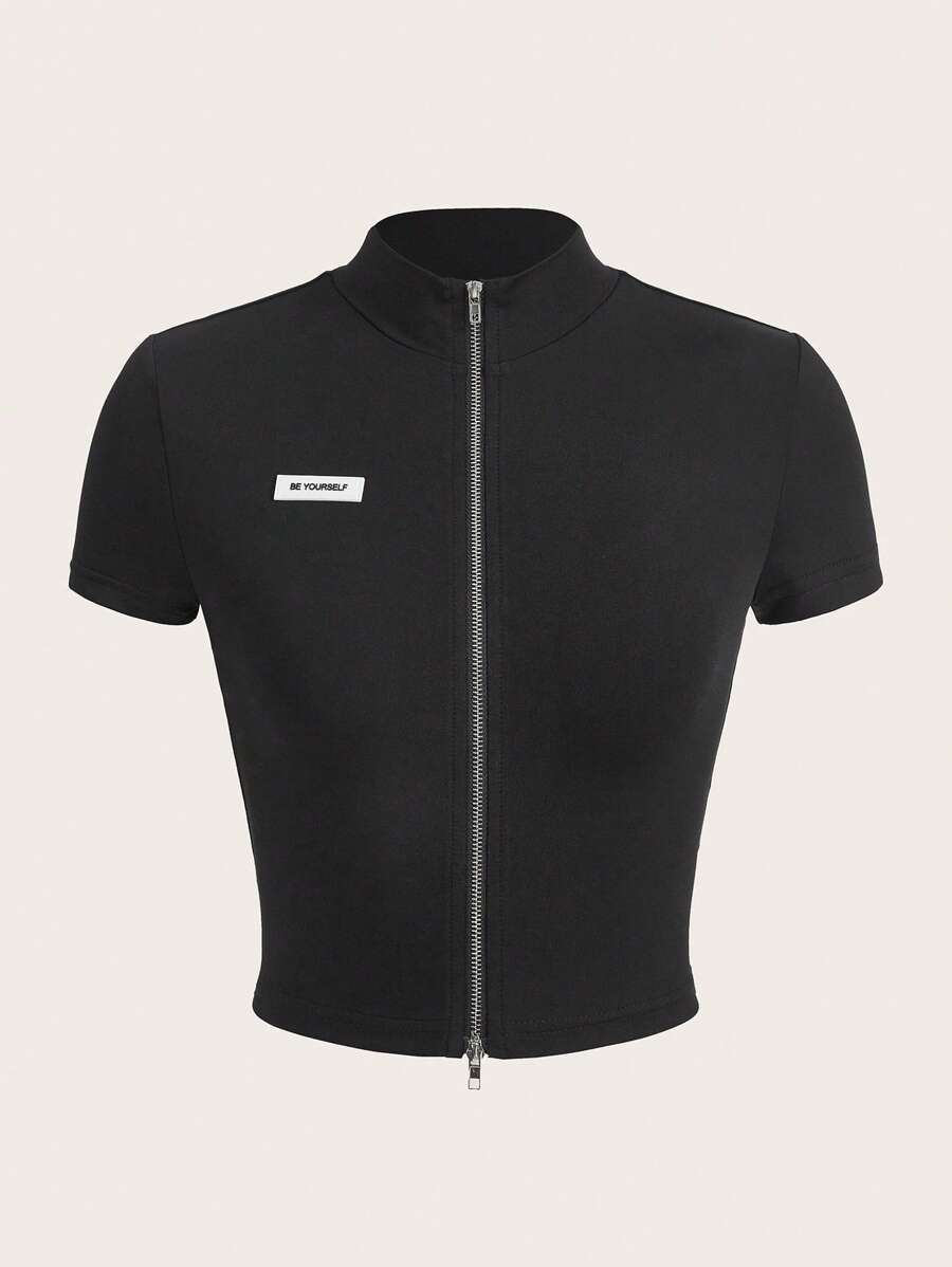 SHEIN ICON 字母補丁細節拉鏈開襟短款T恤 - 黑色 - 查看 1