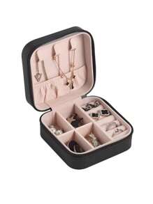 Solid Colour Make Up Bag Jewelry Storage Box Zipper Around - Black - View 5