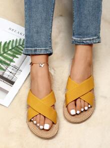 Vacation Slide Sandals For Women, Cross Strap Flat Sandals - Yellow - View 6
