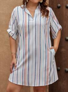 SHEIN LUNE Plus Striped Print Roll Tab Sleeve Dress - Multicolor - View 3