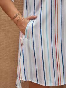 SHEIN LUNE Plus Striped Print Roll Tab Sleeve Dress - Multicolor - View 6