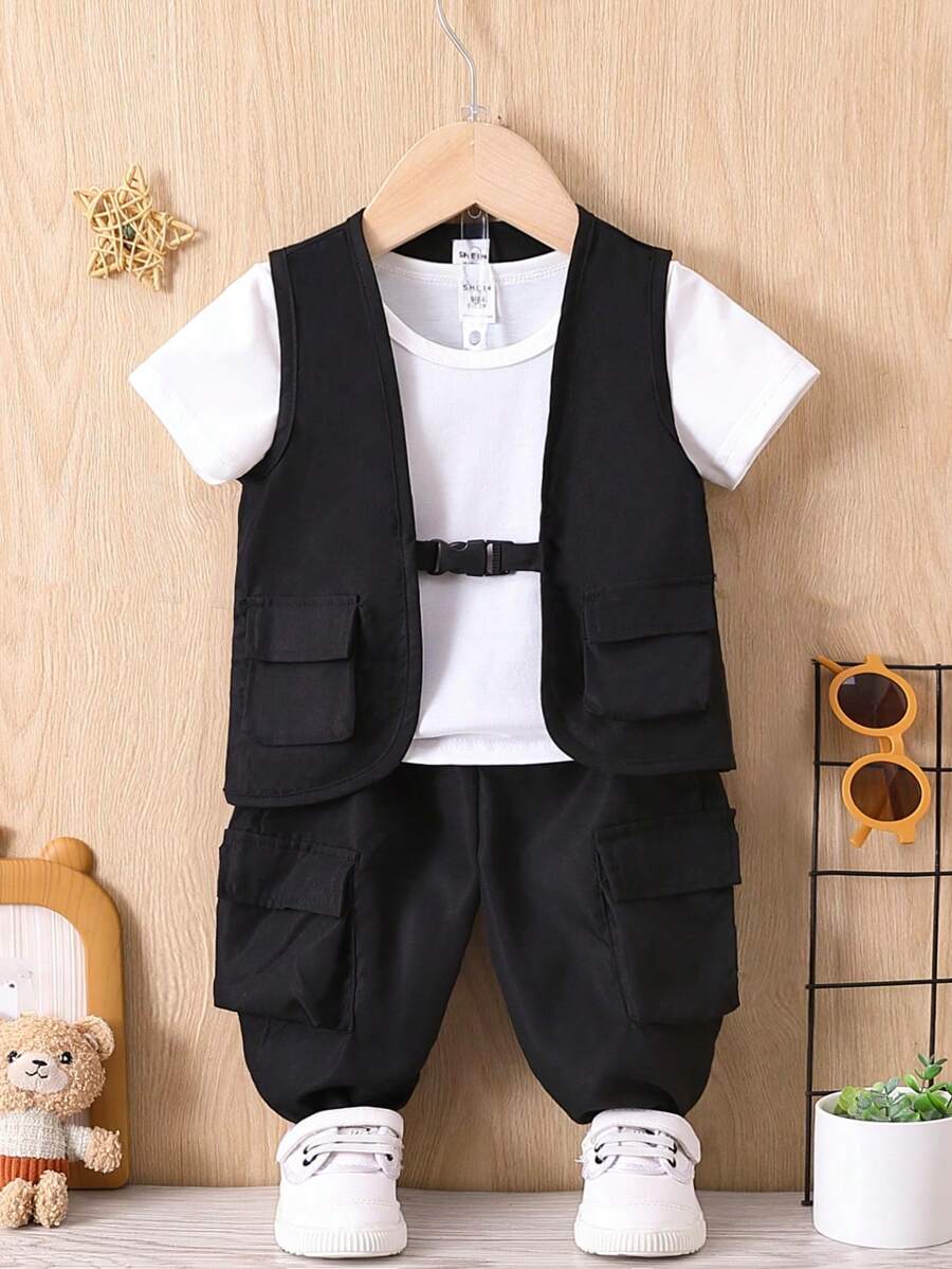 Conjunto De Chaleco De Bolsillo Con Solapa Y Pantalones De Chaqueta Para Niño - Negro - Ver 1