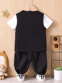 Conjunto De Chaleco De Bolsillo Con Solapa Y Pantalones De Chaqueta Para Niño - Negro - Ver 2