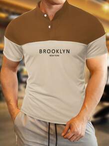 Manfinity Homme Men Letter Graphic Two Tone Polo Shirt - Khaki - View 1