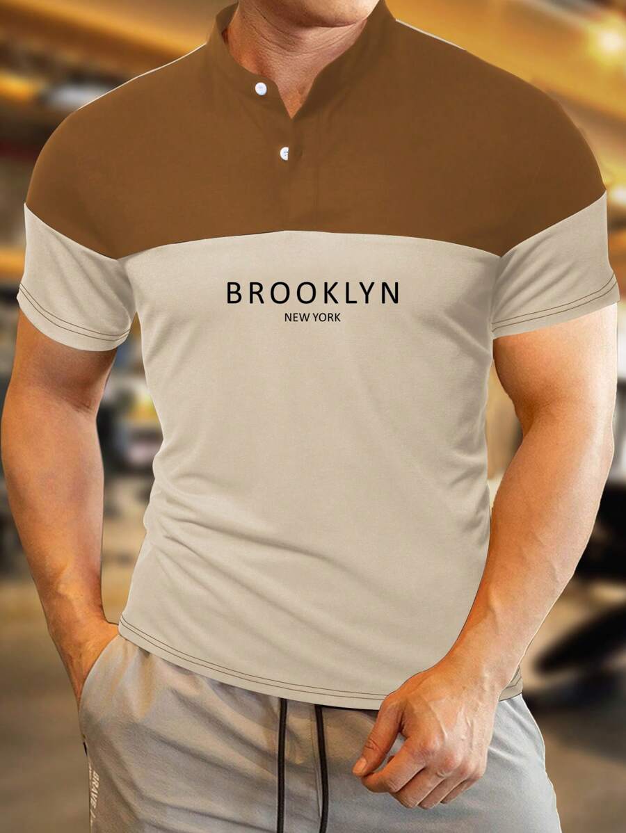 Manfinity Homme Men Letter Graphic Two Tone Polo Shirt - Khaki - View 1