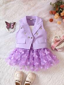 嬰兒西裝領西裝外套和素色吊帶上衣和蝴蝶貼花網紗覆蓋裙子套裝 - 彩色 - 查看 3